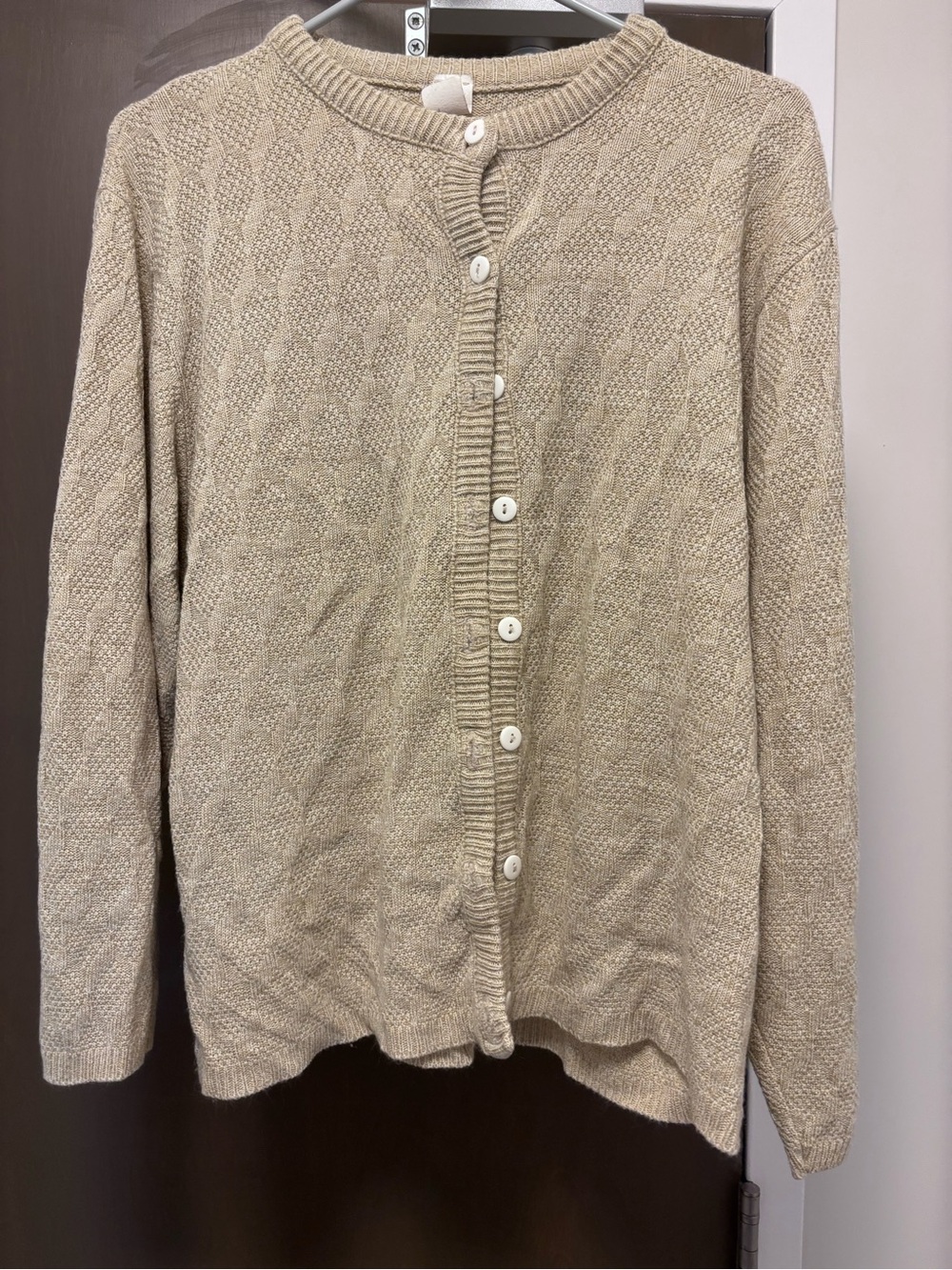 Neutral Beige Textured Cable-Knit Button-Up Cardigan Sweater